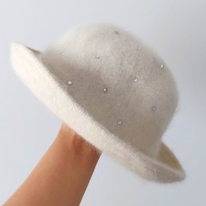 Vtg Capelli Straworld, Inc. Angola Wool Blend Ivory Studded Hat